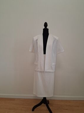 Classic White Midi Skirt Set with Eyelet-Trim Jacket